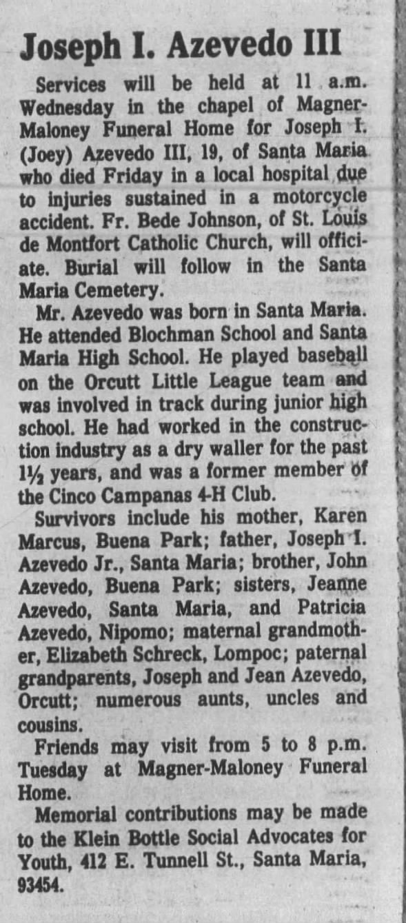 Obituary for Joseph I. Azevedo (Aged 19)